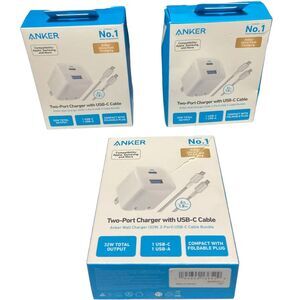 Anker 33W 2‑Port USB‑C Wall Charger + 6ft Cable White Lot of 3 NEW Box Wear